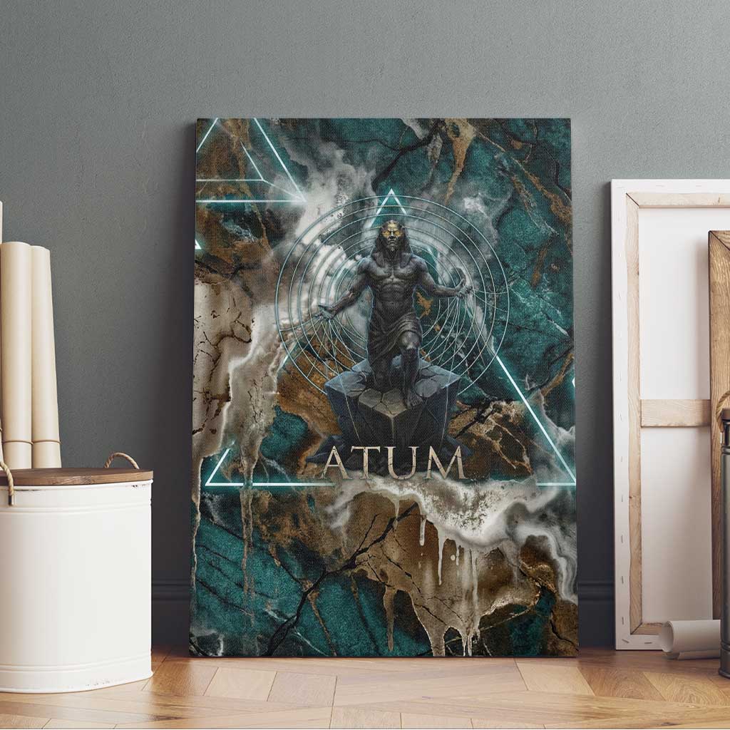 Atum Canvas Wall Art Ancient Egyptian Teal Marble Smoke, Solar Barque Crown, Creator Deity Statue - Wonder Print Shop