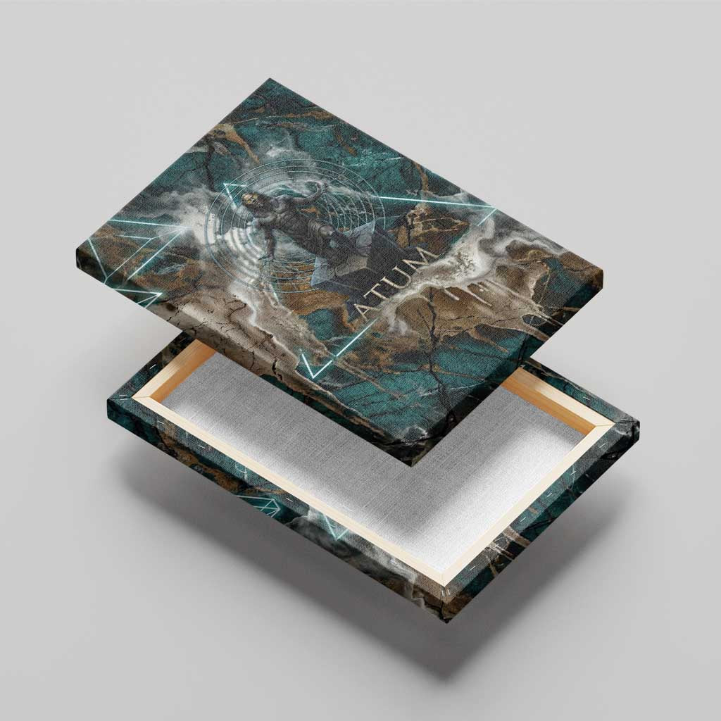 Atum Canvas Wall Art Ancient Egyptian Teal Marble Smoke, Solar Barque Crown, Creator Deity Statue - Wonder Print Shop