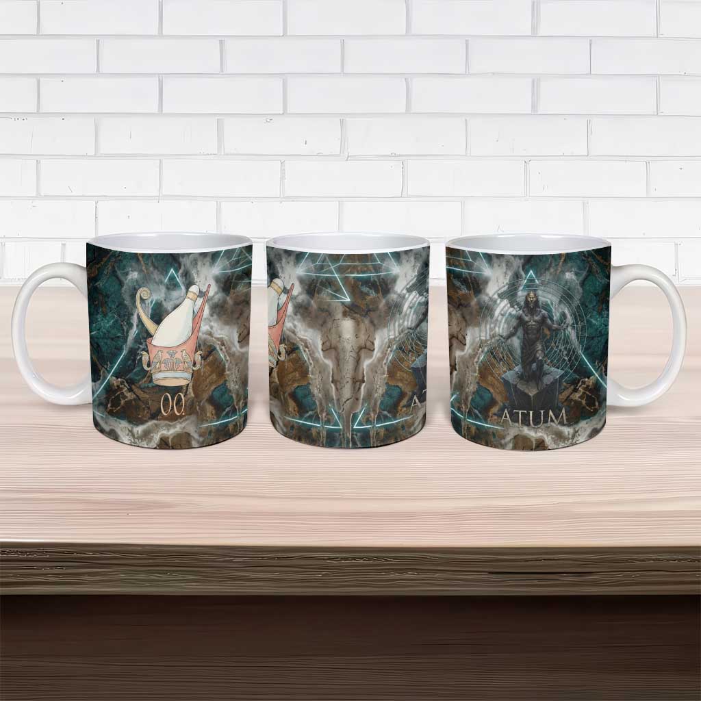 Atum Ceramic Mug Ancient Egyptian Teal Marble Smoke, Solar Barque Crown, Creator Deity Statue - Wonder Print Shop