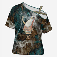 Atum Cross Shoulder Shirt Ancient Egyptian Teal Marble Smoke, Solar Barque Crown, Creator Deity Statue - Wonder Print Shop