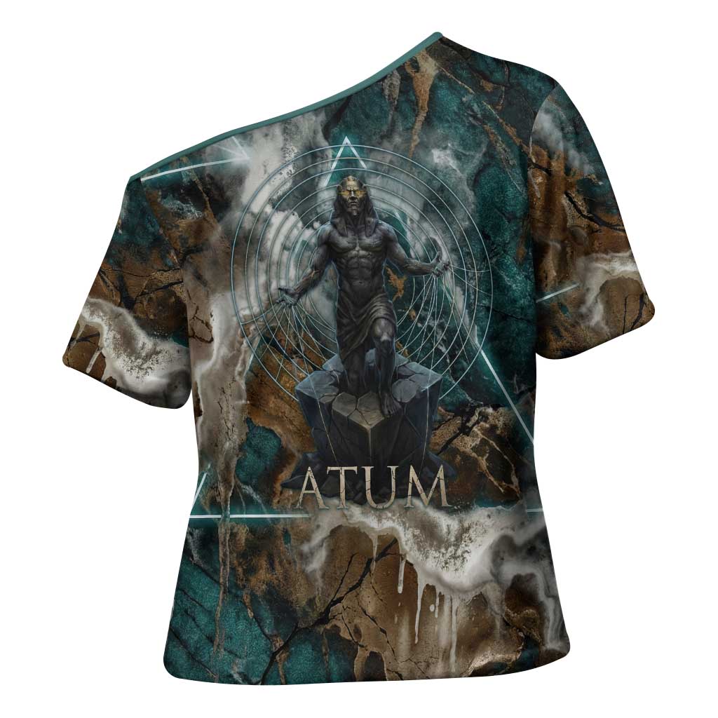 Atum Cross Shoulder Shirt Ancient Egyptian Teal Marble Smoke, Solar Barque Crown, Creator Deity Statue - Wonder Print Shop