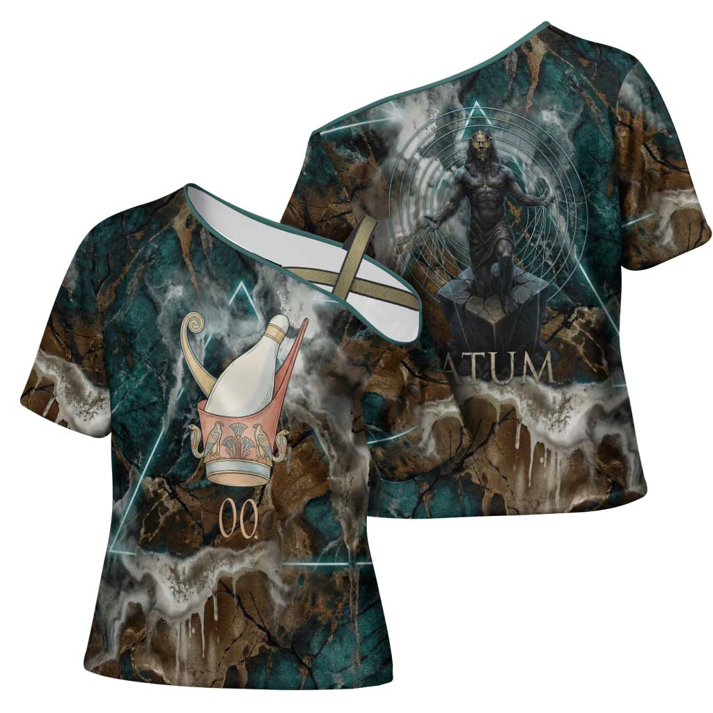 Atum Cross Shoulder Shirt Ancient Egyptian Teal Marble Smoke, Solar Barque Crown, Creator Deity Statue - Wonder Print Shop