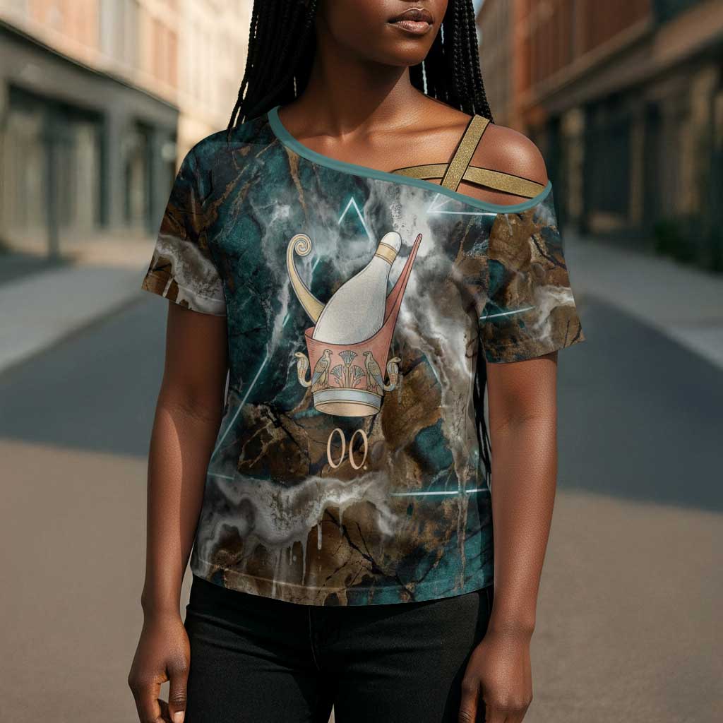 Atum Cross Shoulder Shirt Ancient Egyptian Teal Marble Smoke, Solar Barque Crown, Creator Deity Statue - Wonder Print Shop