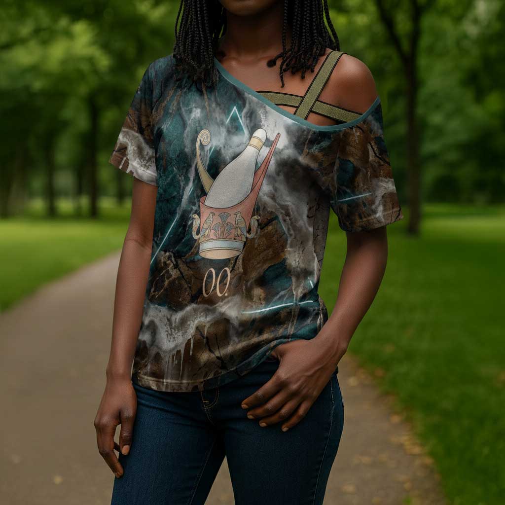 Atum Cross Shoulder Shirt Ancient Egyptian Teal Marble Smoke, Solar Barque Crown, Creator Deity Statue - Wonder Print Shop
