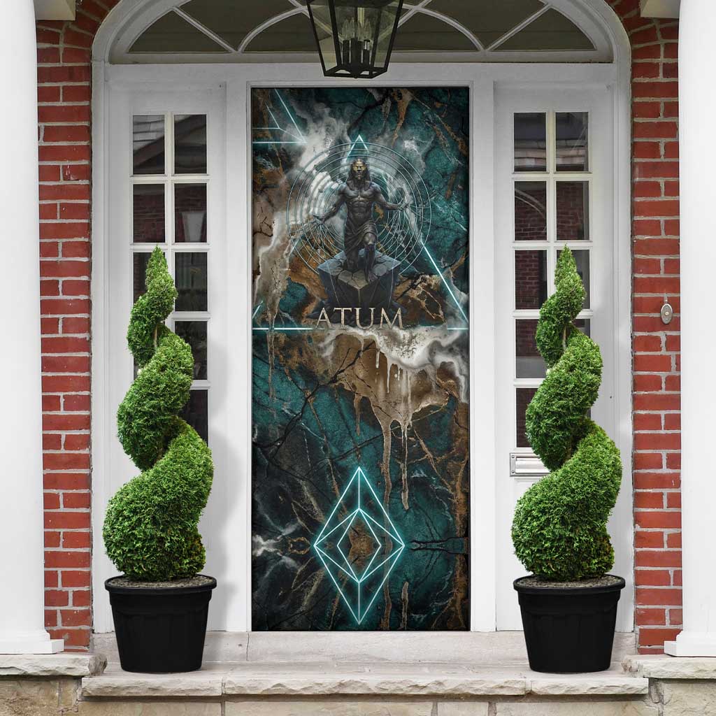 Atum Door Cover Ancient Egyptian Teal Marble Smoke, Solar Barque Crown, Creator Deity Statue - Wonder Print Shop