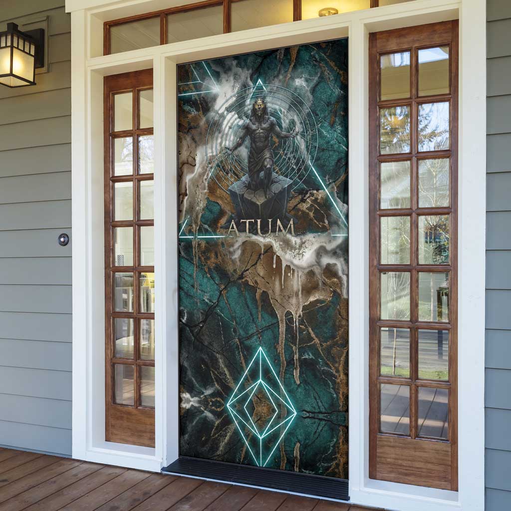Atum Door Cover Ancient Egyptian Teal Marble Smoke, Solar Barque Crown, Creator Deity Statue - Wonder Print Shop