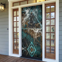 Atum Door Cover Ancient Egyptian Teal Marble Smoke, Solar Barque Crown, Creator Deity Statue - Wonder Print Shop