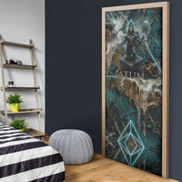 Atum Door Cover Ancient Egyptian Teal Marble Smoke, Solar Barque Crown, Creator Deity Statue - Wonder Print Shop
