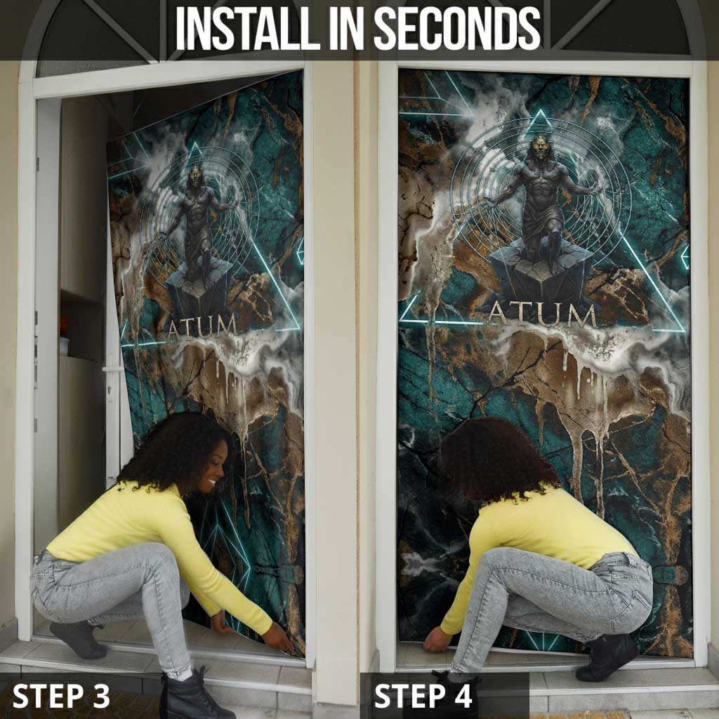 Atum Door Cover Ancient Egyptian Teal Marble Smoke, Solar Barque Crown, Creator Deity Statue - Wonder Print Shop