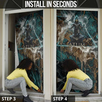 Atum Door Cover Ancient Egyptian Teal Marble Smoke, Solar Barque Crown, Creator Deity Statue - Wonder Print Shop