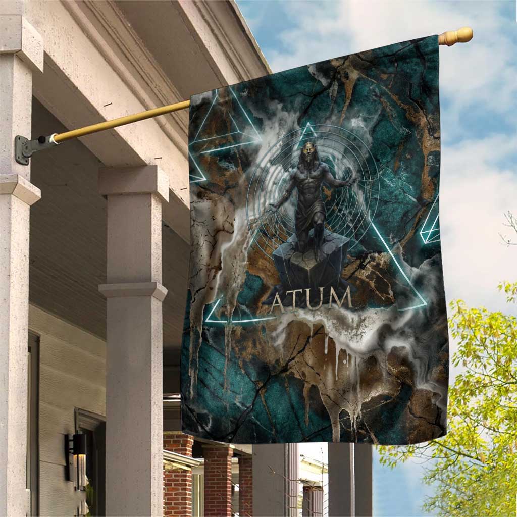 Atum Garden Flag Ancient Egyptian Teal Marble Smoke, Solar Barque Crown, Creator Deity Statue - Wonder Print Shop
