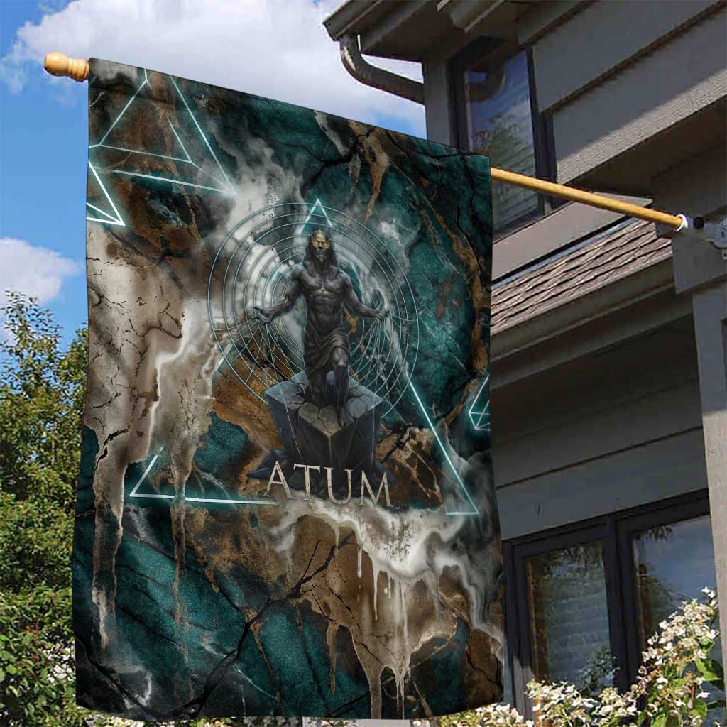 Atum Garden Flag Ancient Egyptian Teal Marble Smoke, Solar Barque Crown, Creator Deity Statue - Wonder Print Shop