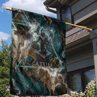 Atum Garden Flag Ancient Egyptian Teal Marble Smoke, Solar Barque Crown, Creator Deity Statue - Wonder Print Shop
