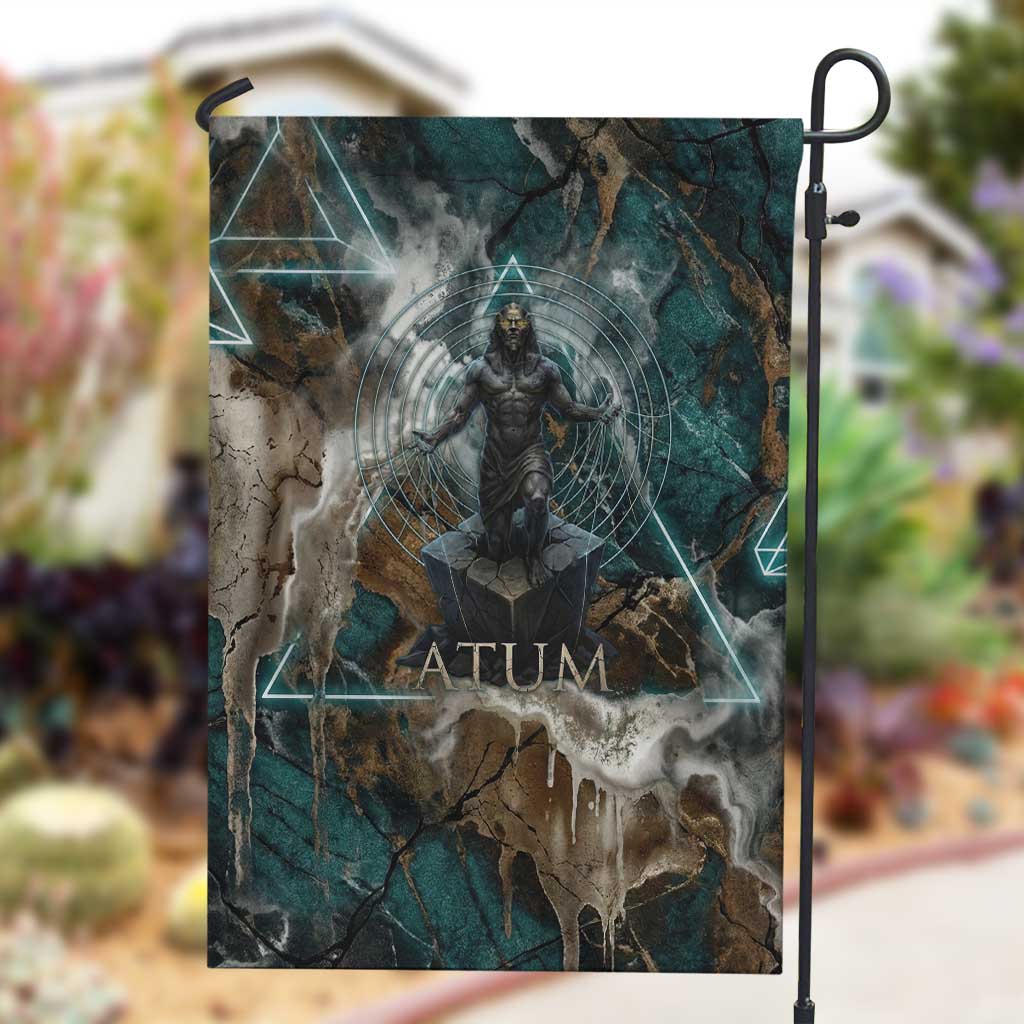 Atum Garden Flag Ancient Egyptian Teal Marble Smoke, Solar Barque Crown, Creator Deity Statue - Wonder Print Shop