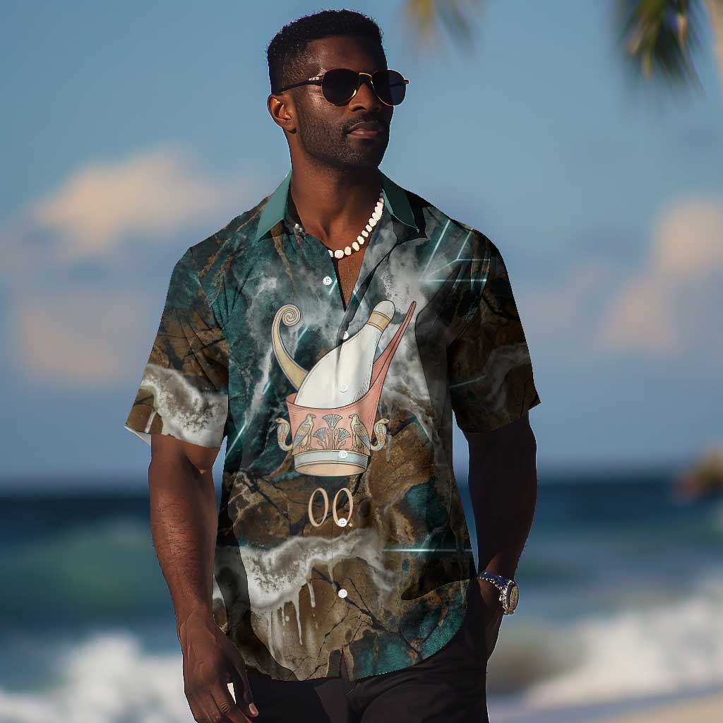 Atum Hawaiian Shirt Ancient Egyptian Teal Marble Smoke, Solar Barque Crown, Creator Deity Statue - Wonder Print Shop