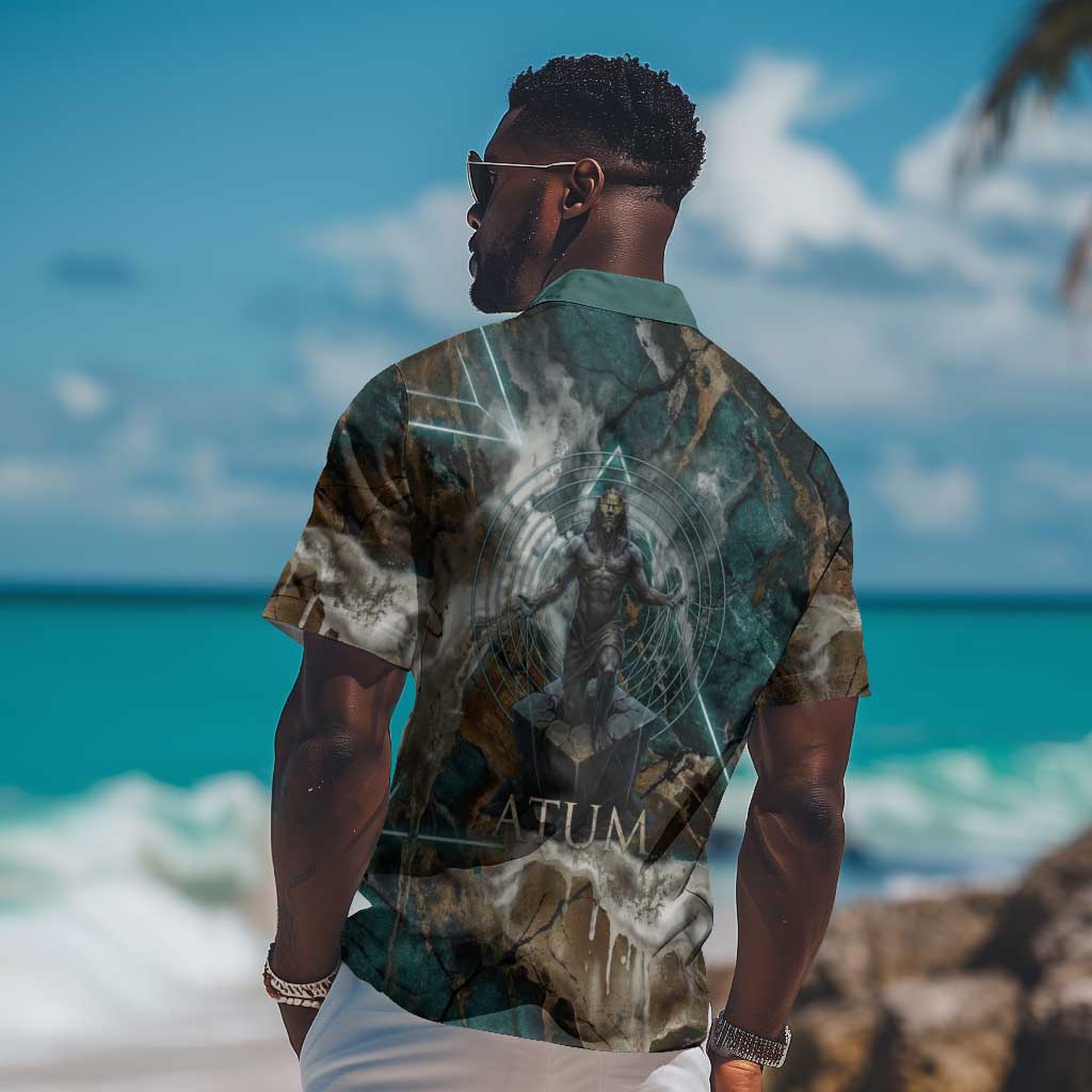 Atum Hawaiian Shirt Ancient Egyptian Teal Marble Smoke, Solar Barque Crown, Creator Deity Statue - Wonder Print Shop