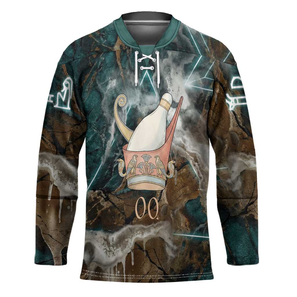 Atum Hockey Jersey Ancient Egyptian Teal Marble Smoke, Solar Barque Crown, Creator Deity Statue - Wonder Print Shop