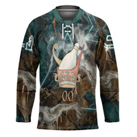 Atum Hockey Jersey Ancient Egyptian Teal Marble Smoke, Solar Barque Crown, Creator Deity Statue - Wonder Print Shop