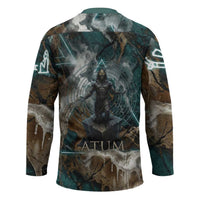 Atum Hockey Jersey Ancient Egyptian Teal Marble Smoke, Solar Barque Crown, Creator Deity Statue - Wonder Print Shop