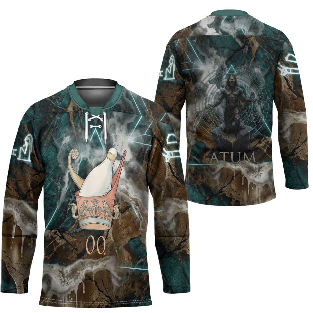 Atum Hockey Jersey Ancient Egyptian Teal Marble Smoke, Solar Barque Crown, Creator Deity Statue - Wonder Print Shop