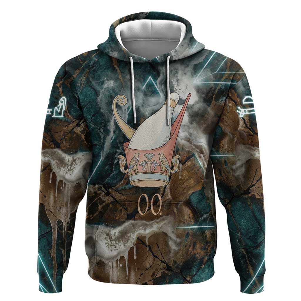 Atum Hoodie Ancient Egyptian Teal Marble Smoke, Solar Barque Crown, Creator Deity Statue - Wonder Print Shop