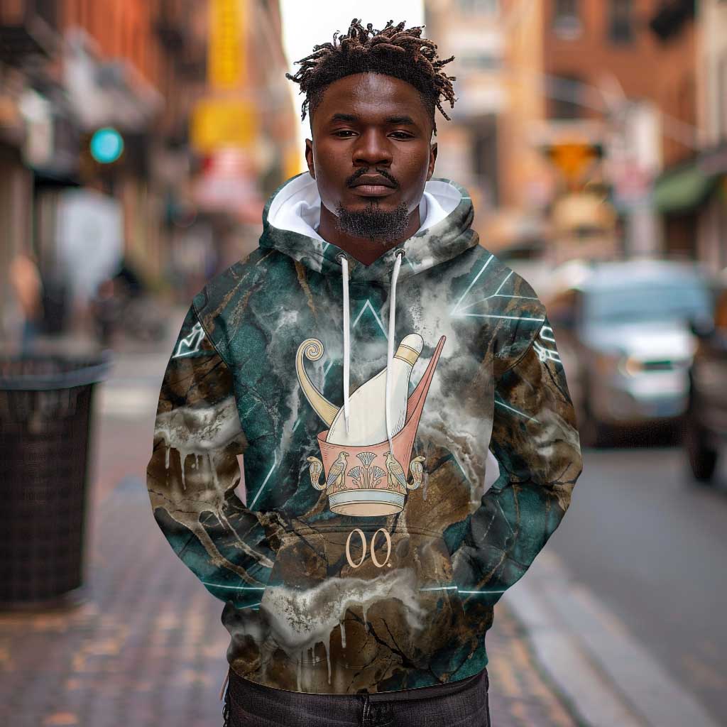 Atum Hoodie Ancient Egyptian Teal Marble Smoke, Solar Barque Crown, Creator Deity Statue - Wonder Print Shop