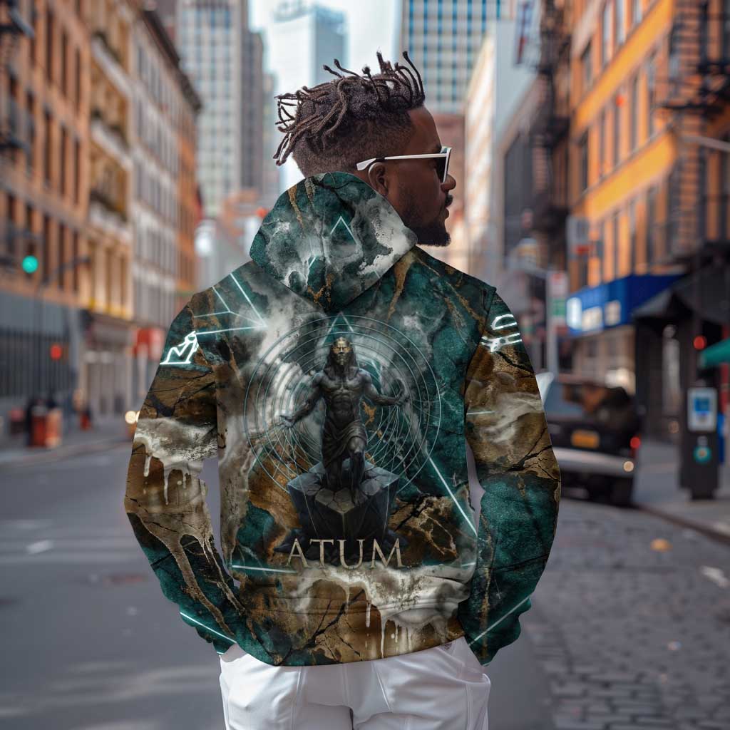 Atum Hoodie Ancient Egyptian Teal Marble Smoke, Solar Barque Crown, Creator Deity Statue - Wonder Print Shop