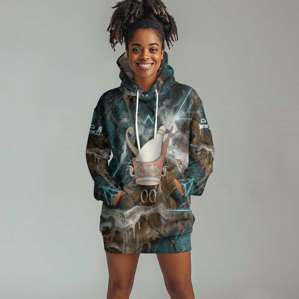 Atum Hoodie Dress Ancient Egyptian Teal Marble Smoke, Solar Barque Crown, Creator Deity Statue - Wonder Print Shop