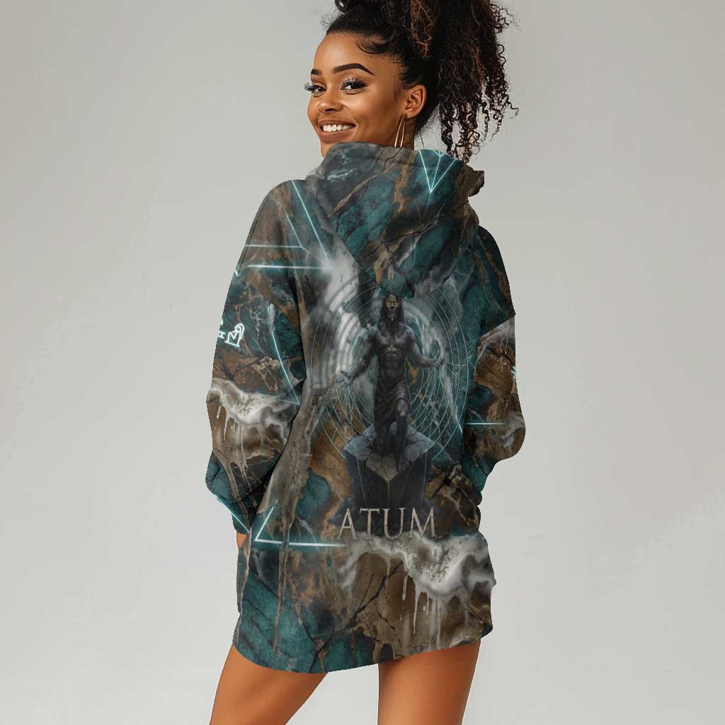 Atum Hoodie Dress Ancient Egyptian Teal Marble Smoke, Solar Barque Crown, Creator Deity Statue - Wonder Print Shop