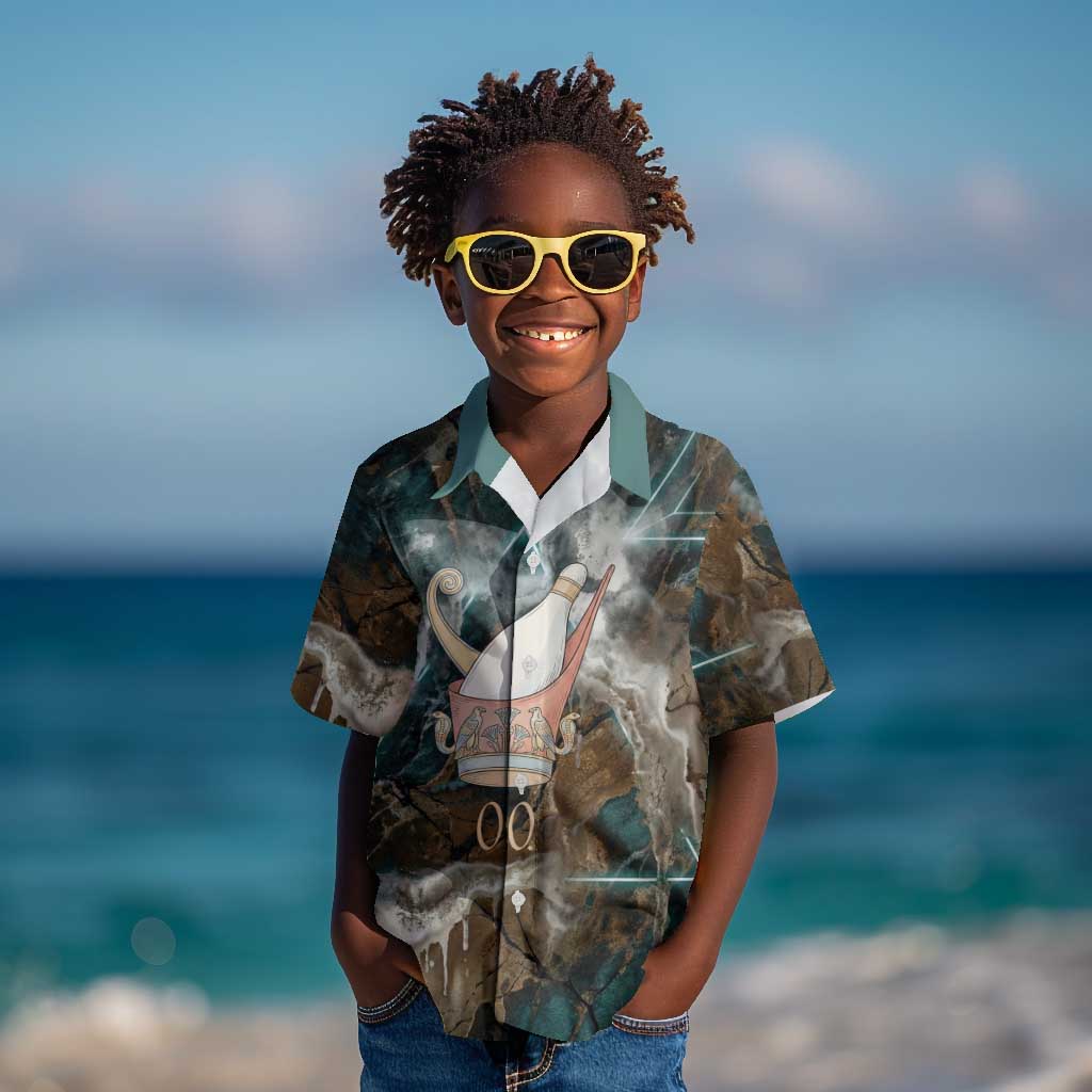 Atum Kid Hawaiian Shirt Ancient Egyptian Teal Marble Smoke, Solar Barque Crown, Creator Deity Statue - Wonder Print Shop
