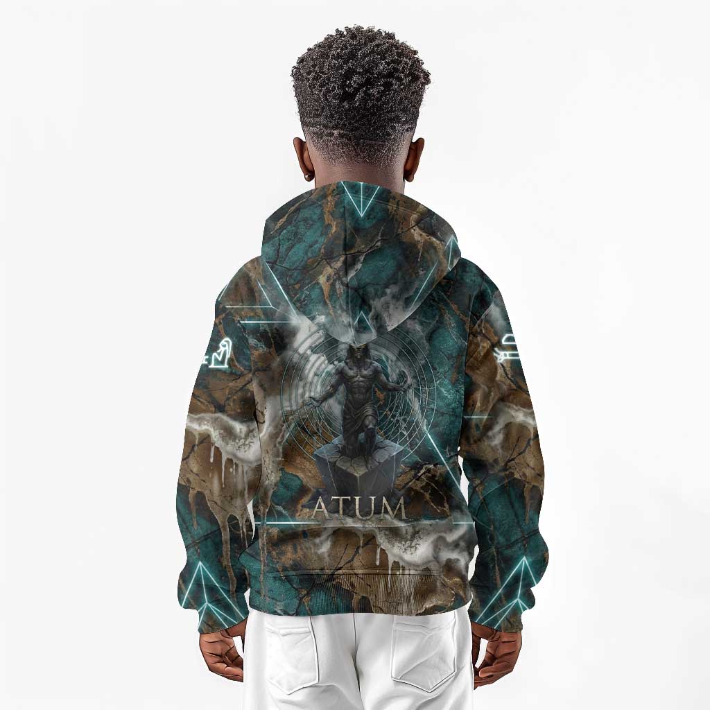 Atum Kid Hoodie Ancient Egyptian Teal Marble Smoke, Solar Barque Crown, Creator Deity Statue - Wonder Print Shop