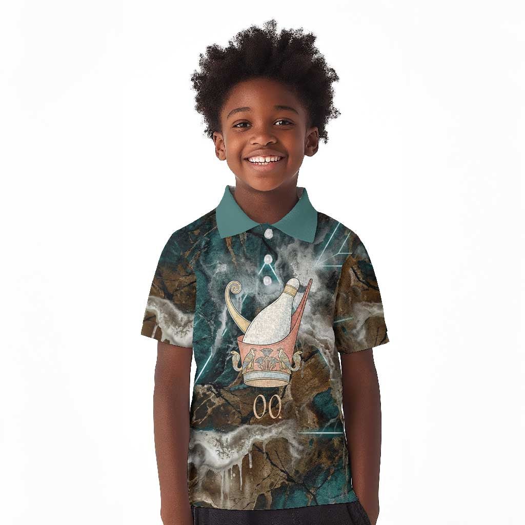 Atum Kid Polo Shirt Ancient Egyptian Teal Marble Smoke, Solar Barque Crown, Creator Deity Statue - Wonder Print Shop