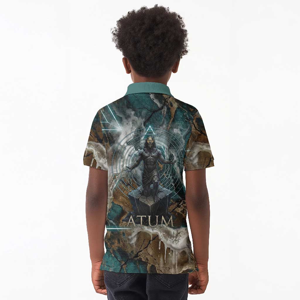 Atum Kid Polo Shirt Ancient Egyptian Teal Marble Smoke, Solar Barque Crown, Creator Deity Statue - Wonder Print Shop
