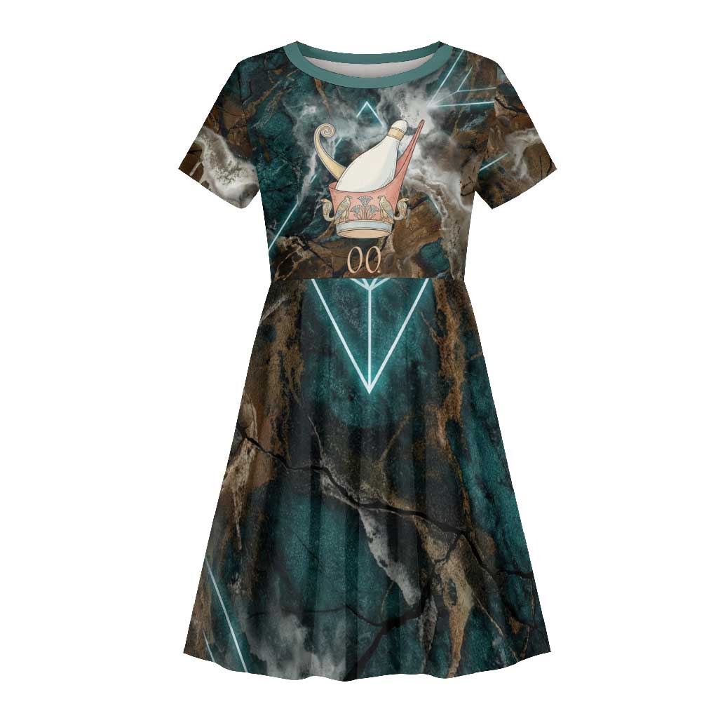 Atum Kid Short Sleeve Dress Ancient Egyptian Teal Marble Smoke, Solar Barque Crown, Creator Deity Statue - Wonder Print Shop