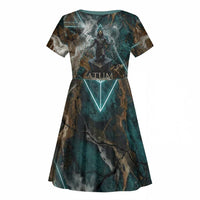 Atum Kid Short Sleeve Dress Ancient Egyptian Teal Marble Smoke, Solar Barque Crown, Creator Deity Statue - Wonder Print Shop