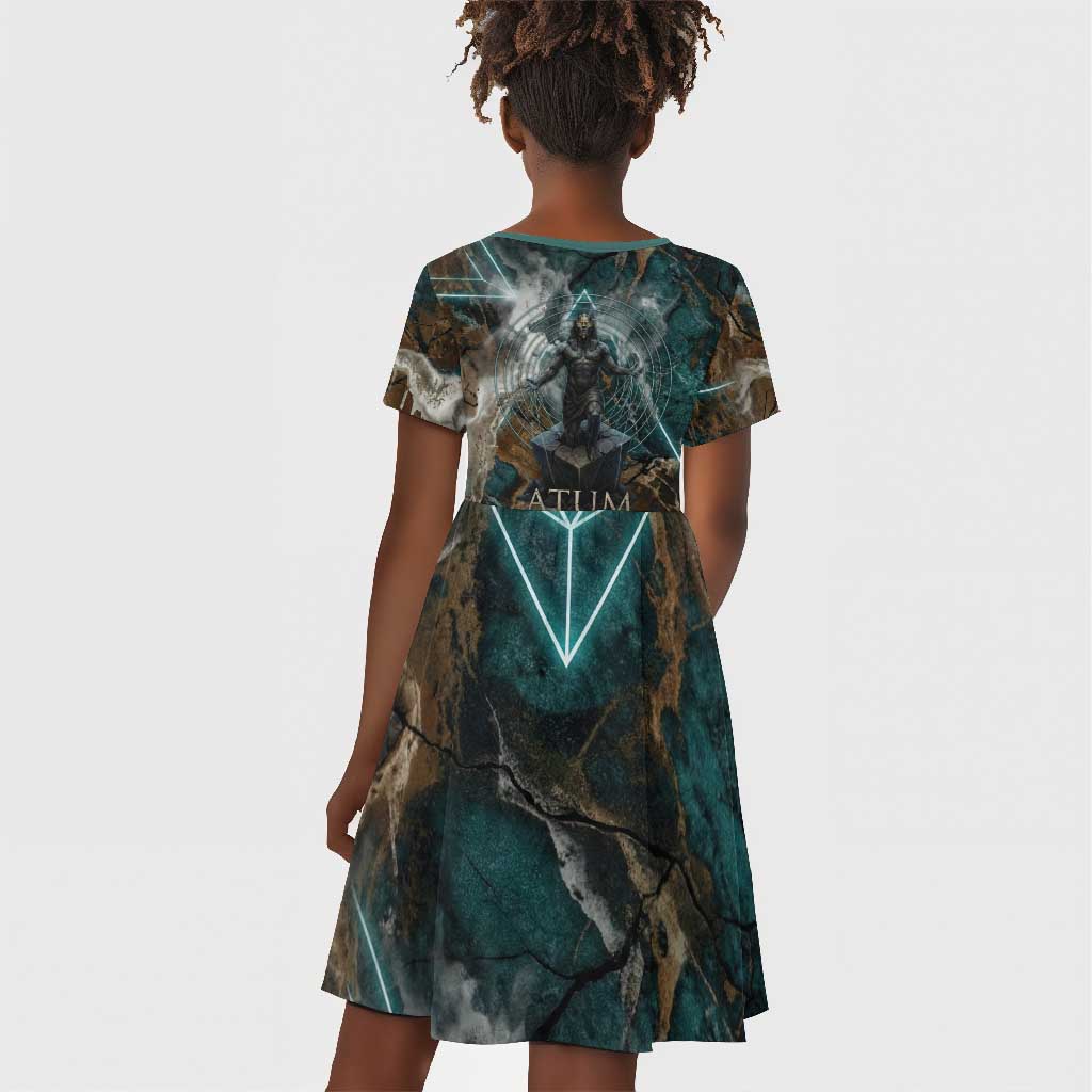 Atum Kid Short Sleeve Dress Ancient Egyptian Teal Marble Smoke, Solar Barque Crown, Creator Deity Statue - Wonder Print Shop