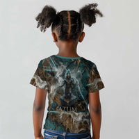Atum Kid T shirt Ancient Egyptian Teal Marble Smoke, Solar Barque Crown, Creator Deity Statue - Wonder Print Shop