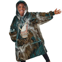 Atum Kid Wearable Blanket Hoodie Ancient Egyptian Teal Marble Smoke, Solar Barque Crown, Creator Deity Statue - Wonder Print Shop