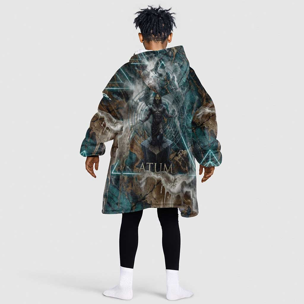 Atum Kid Wearable Blanket Hoodie Ancient Egyptian Teal Marble Smoke, Solar Barque Crown, Creator Deity Statue - Wonder Print Shop