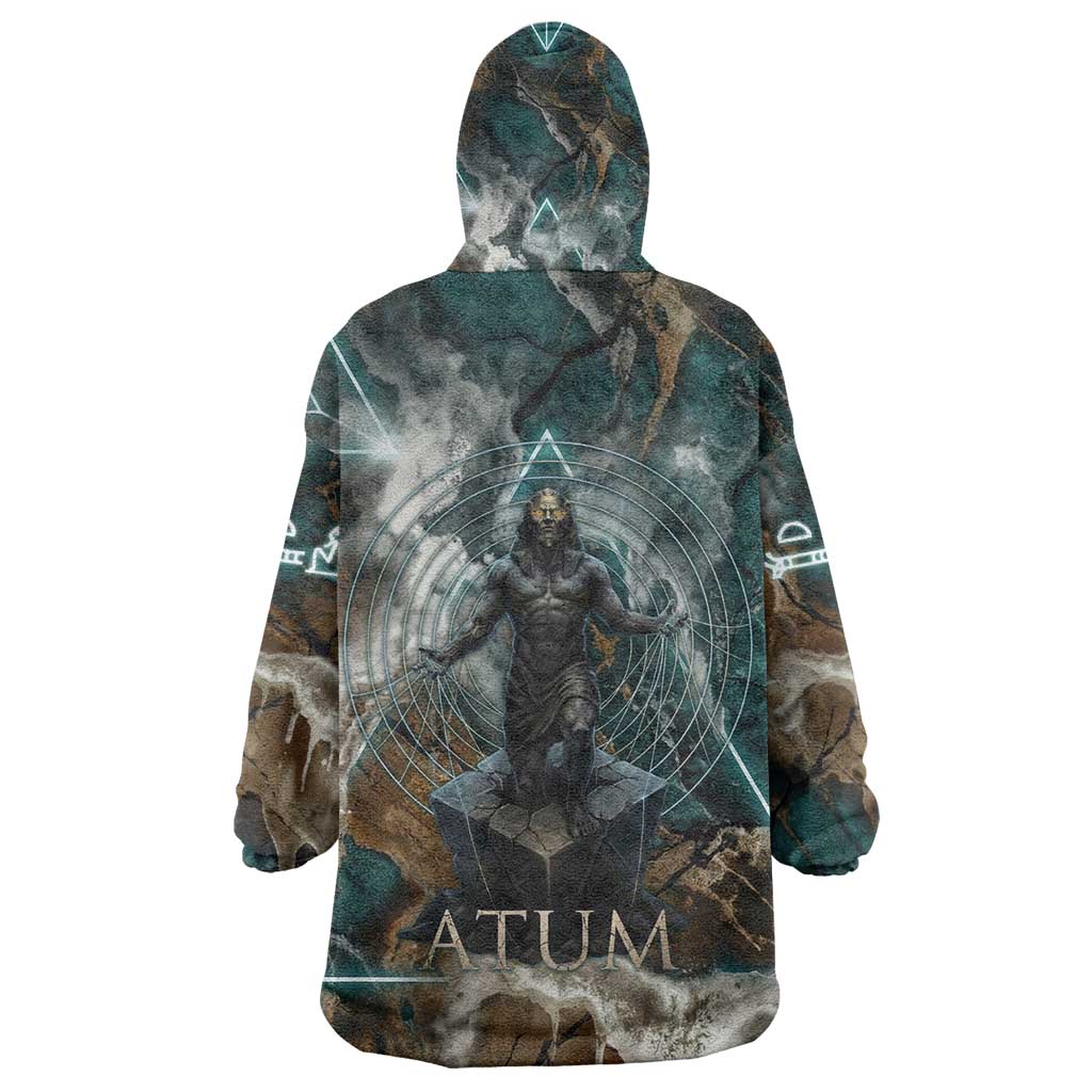 Atum Kid Wearable Blanket Hoodie Ancient Egyptian Teal Marble Smoke, Solar Barque Crown, Creator Deity Statue - Wonder Print Shop