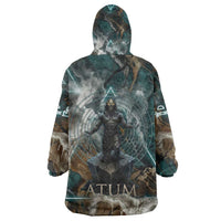 Atum Kid Wearable Blanket Hoodie Ancient Egyptian Teal Marble Smoke, Solar Barque Crown, Creator Deity Statue - Wonder Print Shop