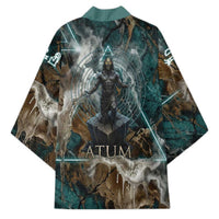 Atum Kimono Ancient Egyptian Teal Marble Smoke, Solar Barque Crown, Creator Deity Statue - Wonder Print Shop