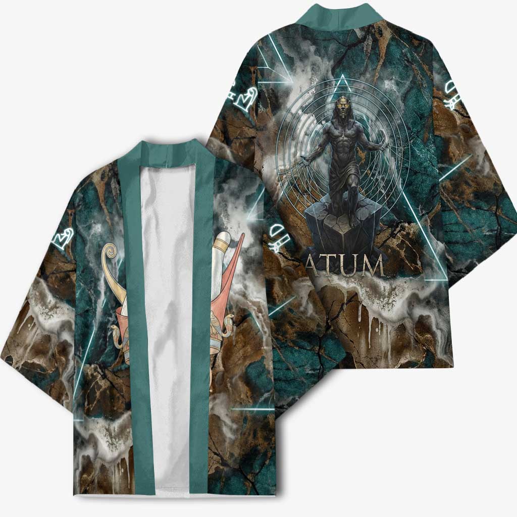 Atum Kimono Ancient Egyptian Teal Marble Smoke, Solar Barque Crown, Creator Deity Statue - Wonder Print Shop