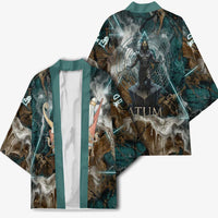 Atum Kimono Ancient Egyptian Teal Marble Smoke, Solar Barque Crown, Creator Deity Statue - Wonder Print Shop
