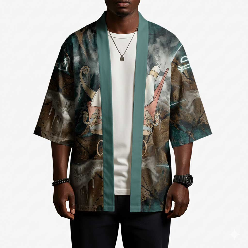 Atum Kimono Ancient Egyptian Teal Marble Smoke, Solar Barque Crown, Creator Deity Statue - Wonder Print Shop