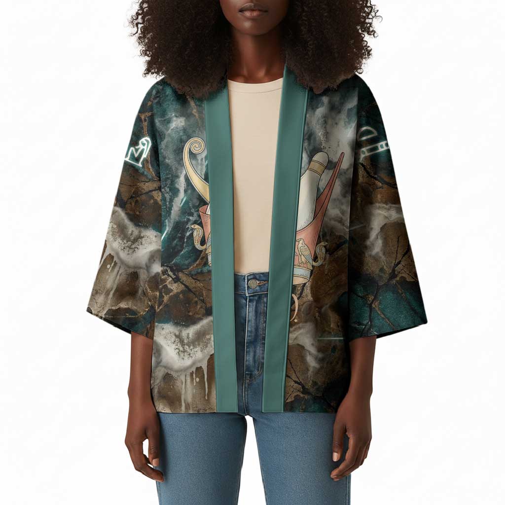 Atum Kimono Ancient Egyptian Teal Marble Smoke, Solar Barque Crown, Creator Deity Statue - Wonder Print Shop