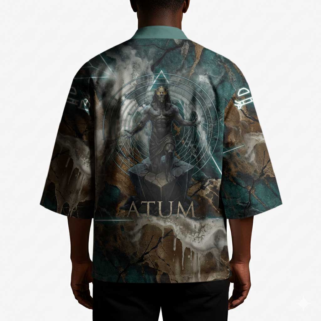 Atum Kimono Ancient Egyptian Teal Marble Smoke, Solar Barque Crown, Creator Deity Statue - Wonder Print Shop