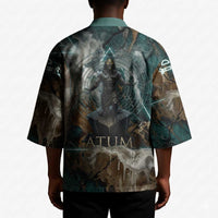 Atum Kimono Ancient Egyptian Teal Marble Smoke, Solar Barque Crown, Creator Deity Statue - Wonder Print Shop