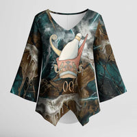 Atum Kimono Sleeve Blouse Ancient Egyptian Teal Marble Smoke, Solar Barque Crown, Creator Deity Statue - Wonder Print Shop