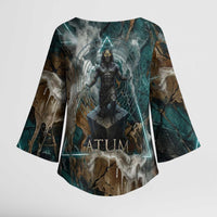 Atum Kimono Sleeve Blouse Ancient Egyptian Teal Marble Smoke, Solar Barque Crown, Creator Deity Statue - Wonder Print Shop